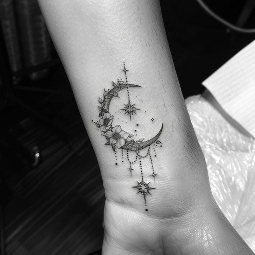 Crescent moon and hanging stars wrist coverup tattoo