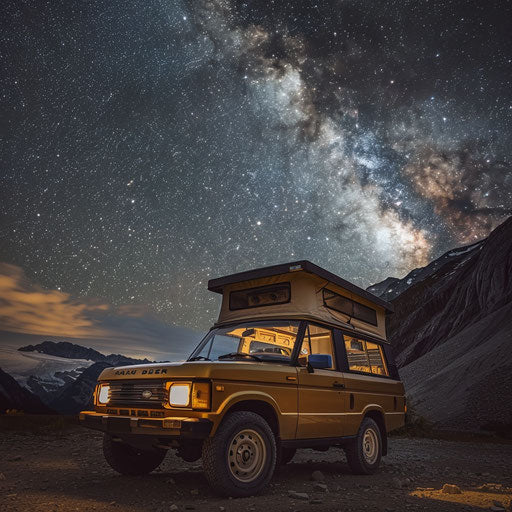 Luxury camper conversion Range Rover 1993, serene mountain camping with Milky Way