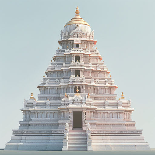 Photo-realistic illustration of a temple on a light blue background