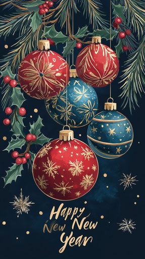 New Year's greeting card with ornate ornaments and Christmas balls
