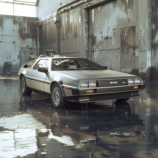 1981 DeLorean DMC-12 with partially transparent invisibility cloak at secret government facility