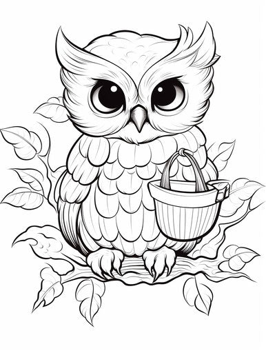 Coloring page owl with cupcake for kids