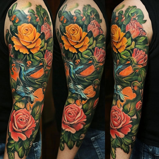 Flower sleeve tattoo with roses and hummingbirds in a vibrant scene