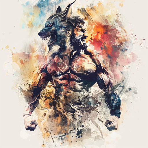 Artistic tattoo sketch of Hercules and Cerberus with watercolor effects, clipart style