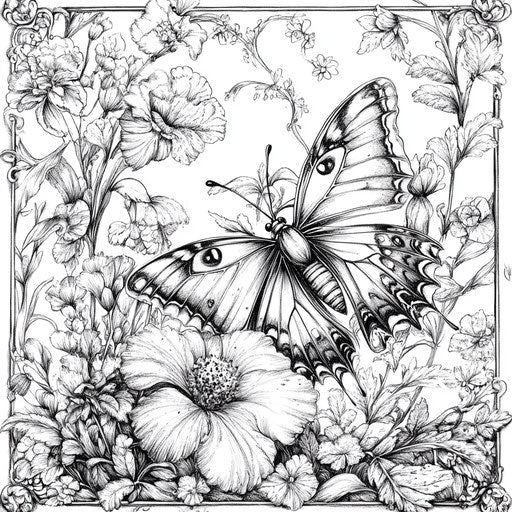 Flower and butterfly in a vintage European garden