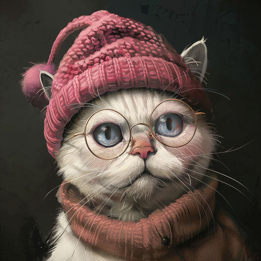 Cat with glasses and a pink beanie