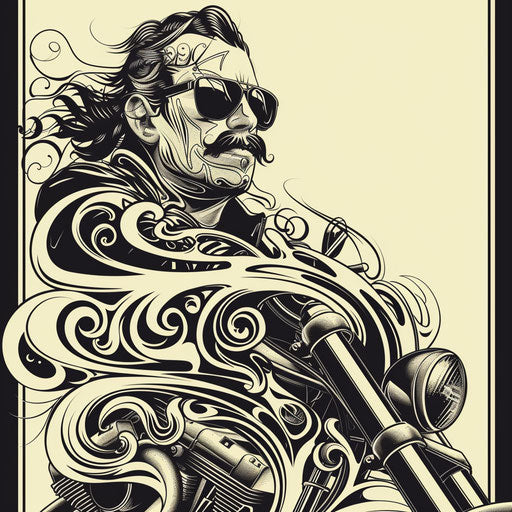Elegant flat tattoo sketch of a biker with detailed filigree