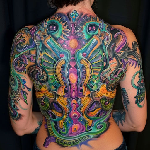 Psychedelic biomechanical back tattoos for women with vibrant colors