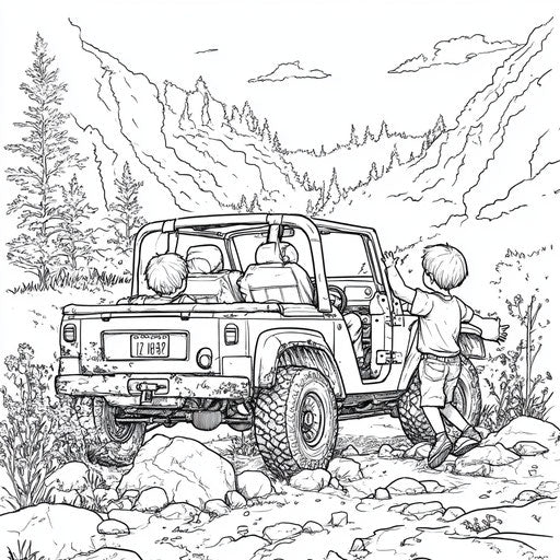 Children playing around a jeep, Mindy Sommers style, coloring page