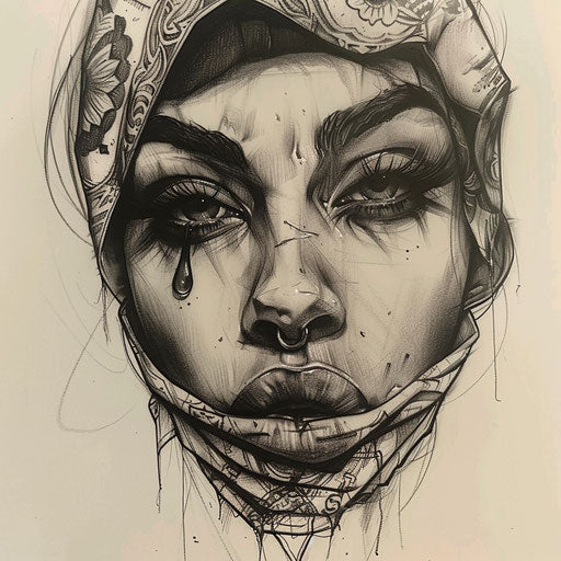 Sketch of a Chicano art female face tattoo with tear and bandana, soft and expressive