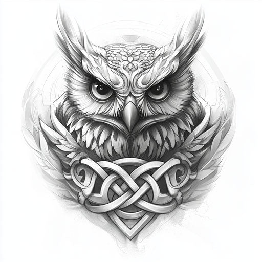 Owl neck tattoo with Celtic knot details in black and white