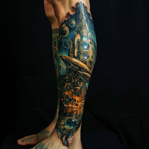 Futuristic leg sleeve tattoo with alien worlds and tech