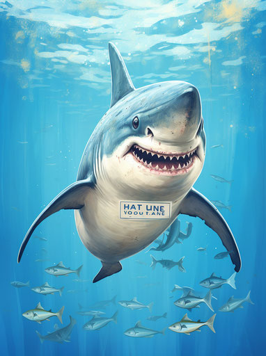 blue and white hammerhead shark with quote in background