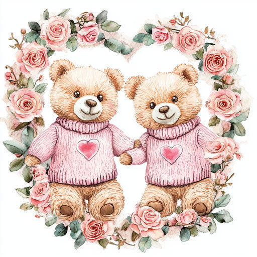 Sweet teddy bears in pink sweaters among roses, heart wreath on white