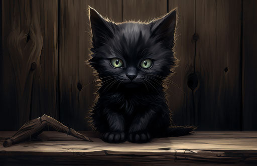 black kitten on wood, dark indigo style, gothcore, poignant