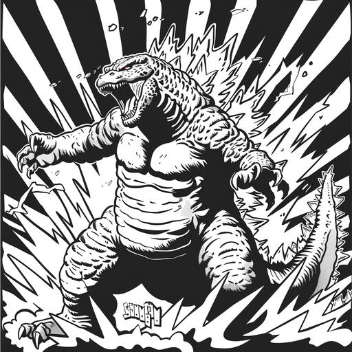 Godzilla with comic book style background and action words