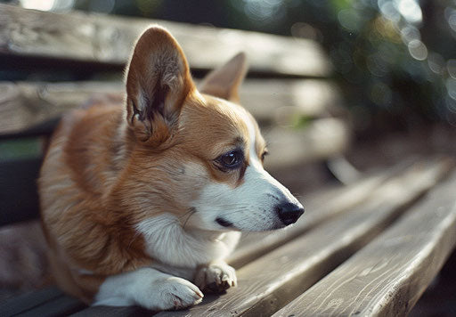 White corgis on a bench with varied and stylish textures