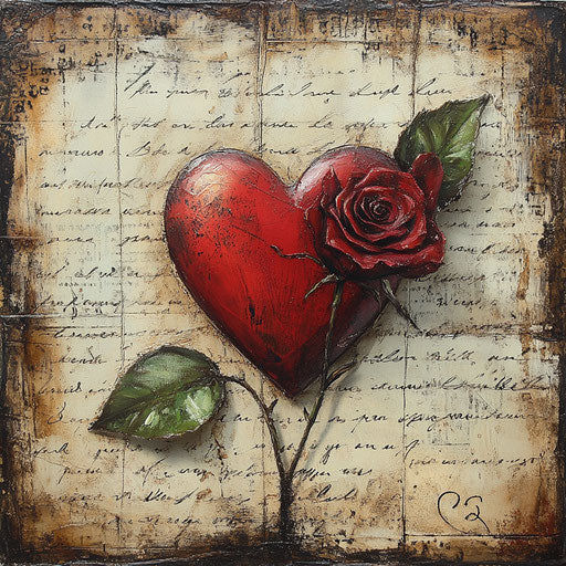Valentine's Day romanticism with red heart and rose on vintage love letters