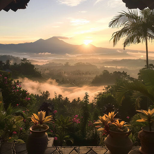 Sunrise view over Pinggan village from a villa