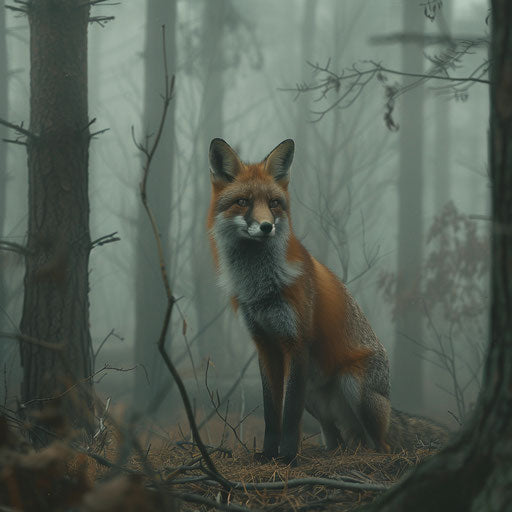 Red fox in misty forest, mystical and quiet