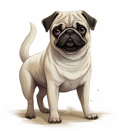 Pug dog speaks, light gray and light beige style, realism