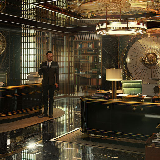 Businessman in art deco office, with vintage charm