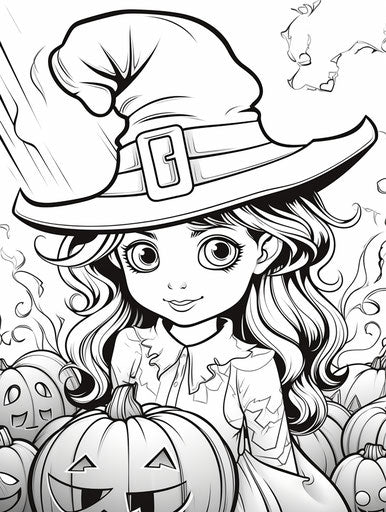 Coloring Pages of a Pumpkin Witch Wearing a Hat