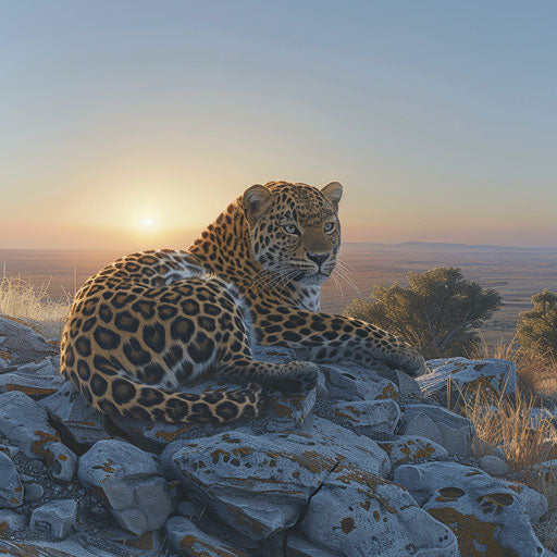 Amur leopard in morning light on rocky plateau