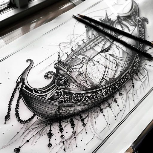 Neo-traditional flat tattoo sketch of a boat with Victorian decorations