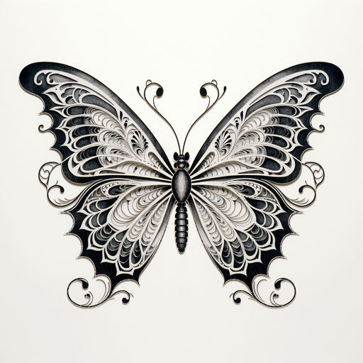 Butterfly drawing in black on white paper, engraved style