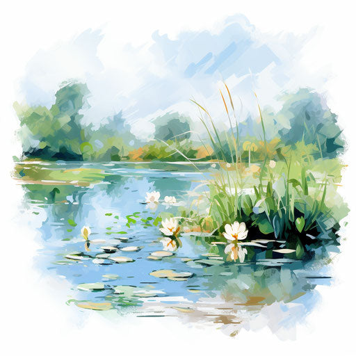 Illustration of a pond in the style of Impressionistic Art, on a white background