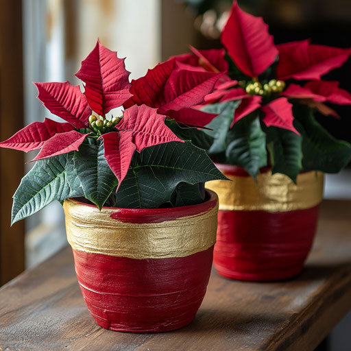 Painting clay pots red and gold for poinsettias plantings