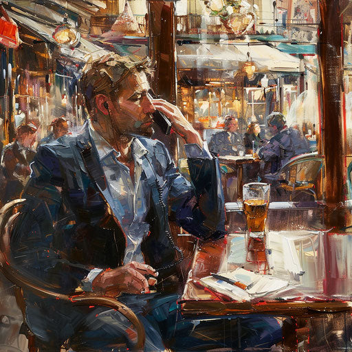 Businessman in a bustling café on the phone