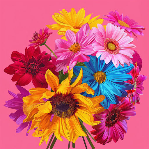 Bright flower bouquet on intense magenta background
