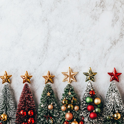 A border of Christmas trees each decorated uniquely