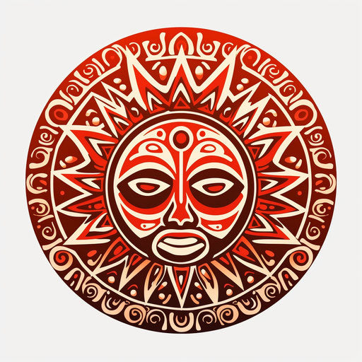 Sun with tribal designs poster, Tonga art style, bold chiaroscuro contrast, ritualistic masks