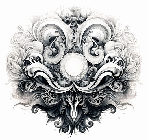 Black and white tribal design, detailed flora and fauna style