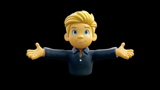 Yellowhaired man in blue shirt with hands spread out