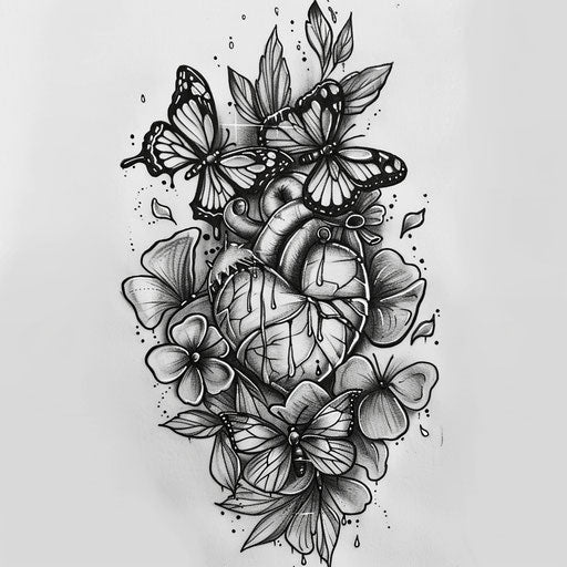 Animated drawing of a weeping heart surrounded by butterflies and soft petals