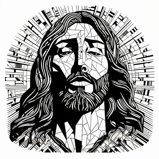 Jesus' head in black and white, graphic design poster style