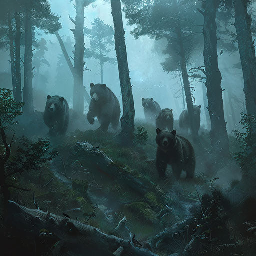 Bears in a misty haunted forest