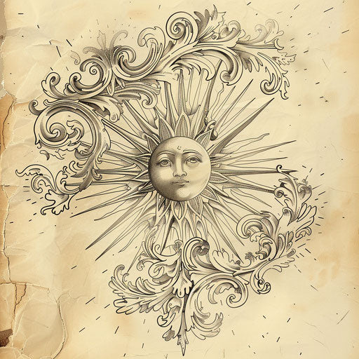 Elegant sketch of a rising sun with baroque flourishes