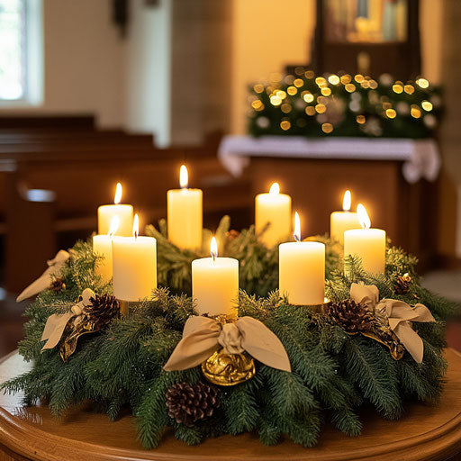 Traditional Advent wreath with lit candles on church altar