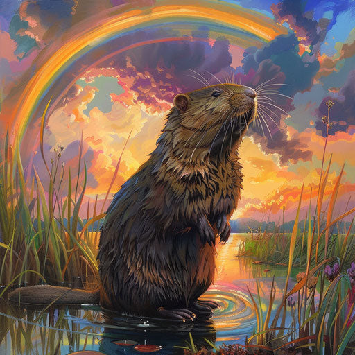 Muskrat under a rainbow by the water, in the style of Aaron Blaise