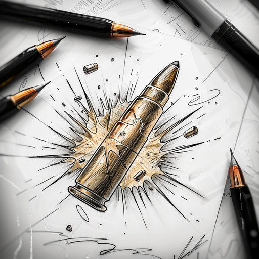 Energetic sketch of a bullet surrounded by sparks and fire