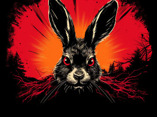 Rabbit with red eyes on black background, graphic novel style