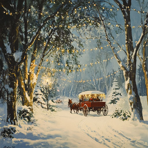 Snowy scene with horse-drawn wagon under twinkling lights between snow-laden trees
