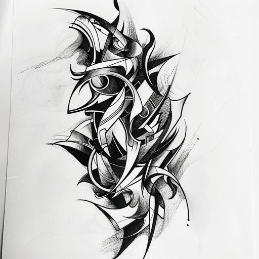 Elegant black and white flat tattoo sketch depicting chaotic abstract patterns