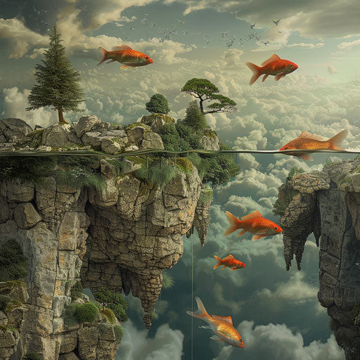 Surreal landscape with fish swimming through the air