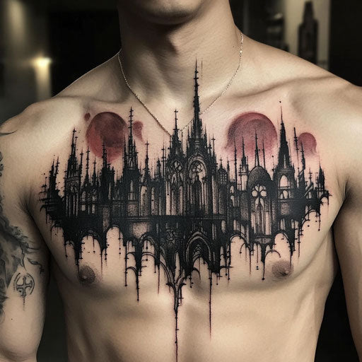Small chest tattoos for men with gothic architecture